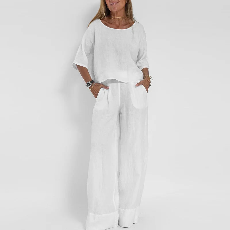 Women's linen-look 2-piece set with short sleeve top and wide-leg trousers in multiple colors, stylish Urban Fashion & Streetwear.