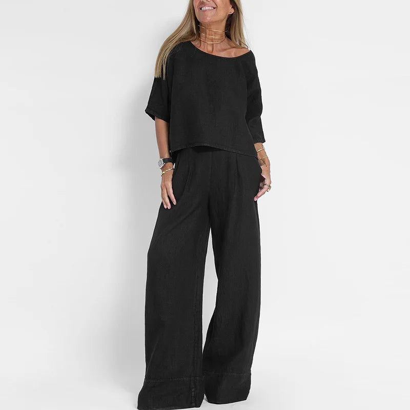 Women's linen-look 2-piece set with short sleeve top and wide leg trousers in multiple colours, casual urban streetwear style.