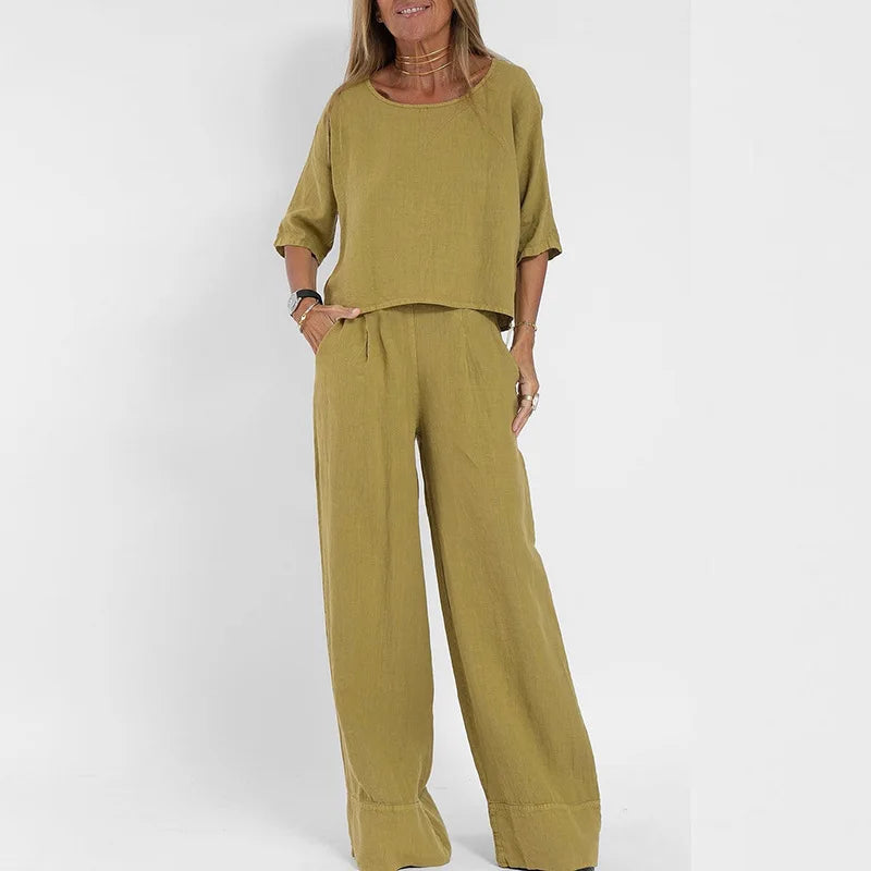 Women's linen-look 2-piece set with short sleeve top and wide-leg trousers in multiple colors, by Urban Fashion & Streetwear.