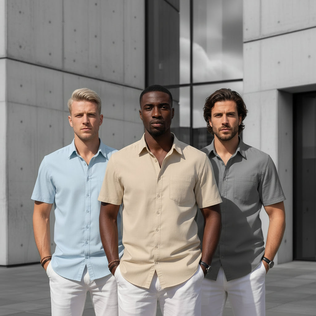 Beige cotton linen short sleeve shirt by Craftklart, casual and breathable for warm weather, ideal for streetwear and beach casual style.