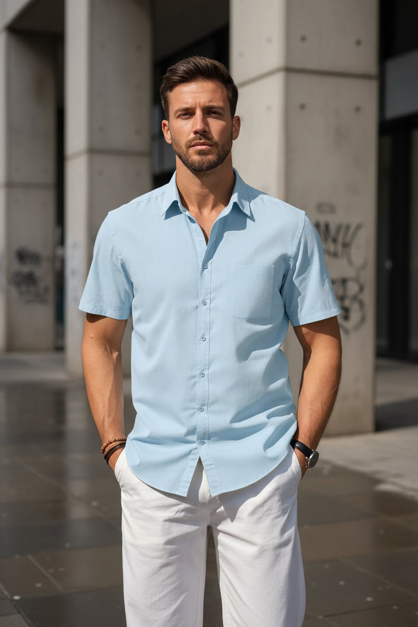 Beige cotton linen short sleeve shirt for men by Craftklart, casual streetwear style, perfect for warm weather and beach outings.