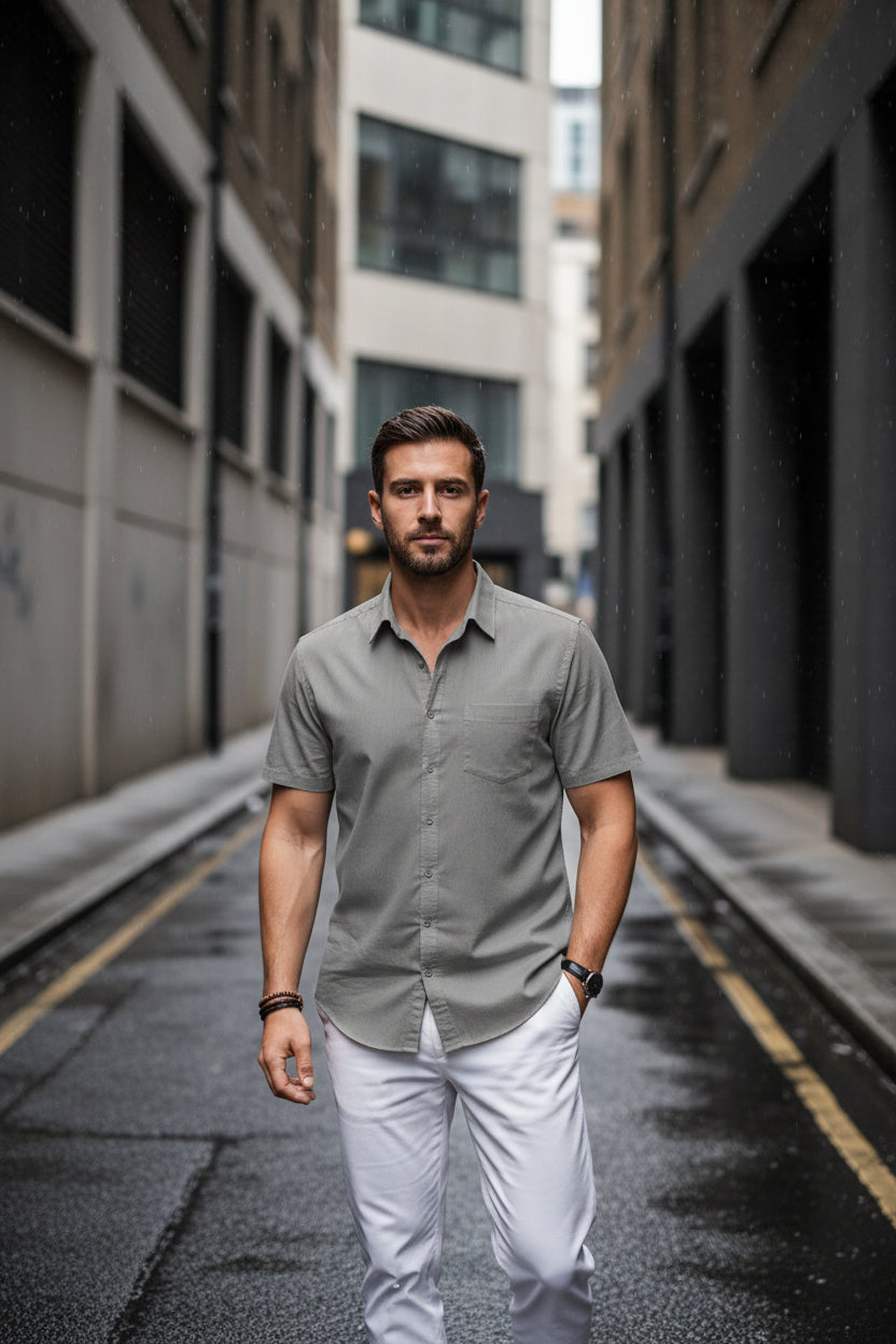 Beige men's cotton linen short sleeve shirt by Craftklart, casual streetwear style, perfect for warm weather and beach outings.
