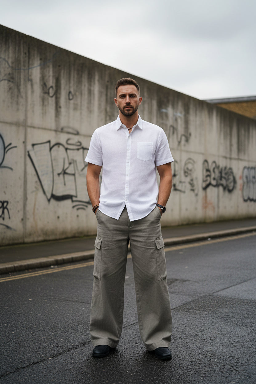 Beige cotton linen short sleeve shirt by Craftklart, ideal for casual warm-weather or beachwear, featuring a relaxed urban style.