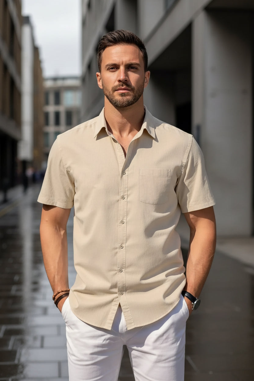 Beige cotton linen short sleeve shirt by Craftklart, casual urban streetwear, ideal for warm weather and beach wear.
