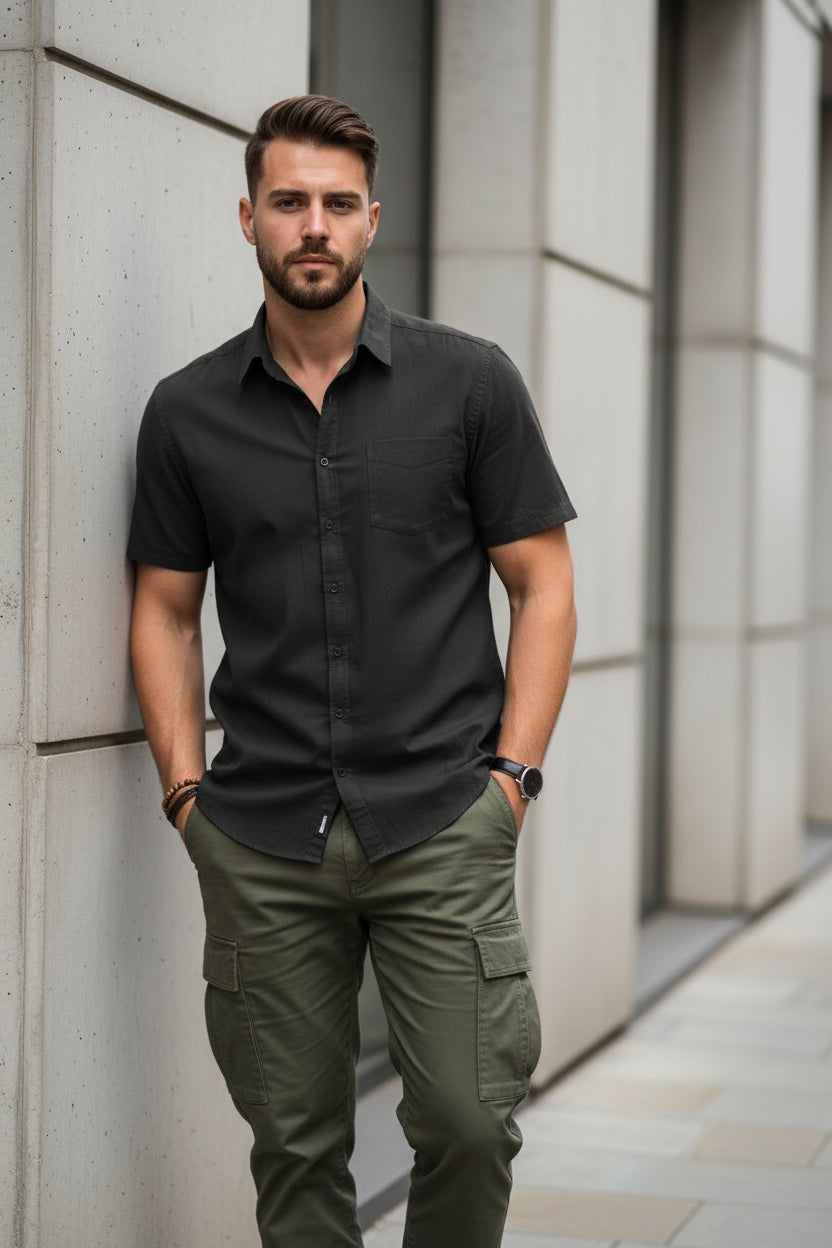 Beige Cotton Linen Short Sleeve Shirt by Craftklart, casual urban streetwear, perfect for warm weather, with a relaxed fit.