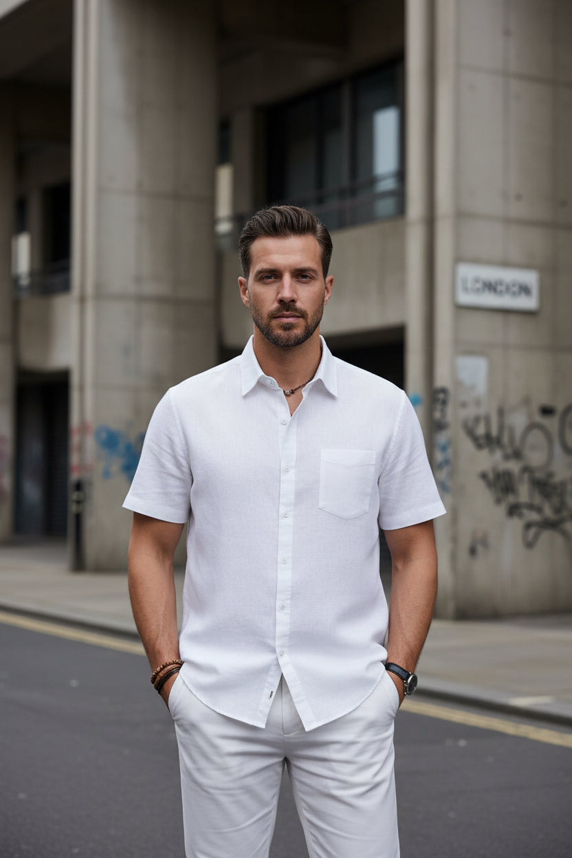Beige cotton linen short sleeve shirt by Craftklart, casual urban streetwear, perfect for warm weather and beachwear.