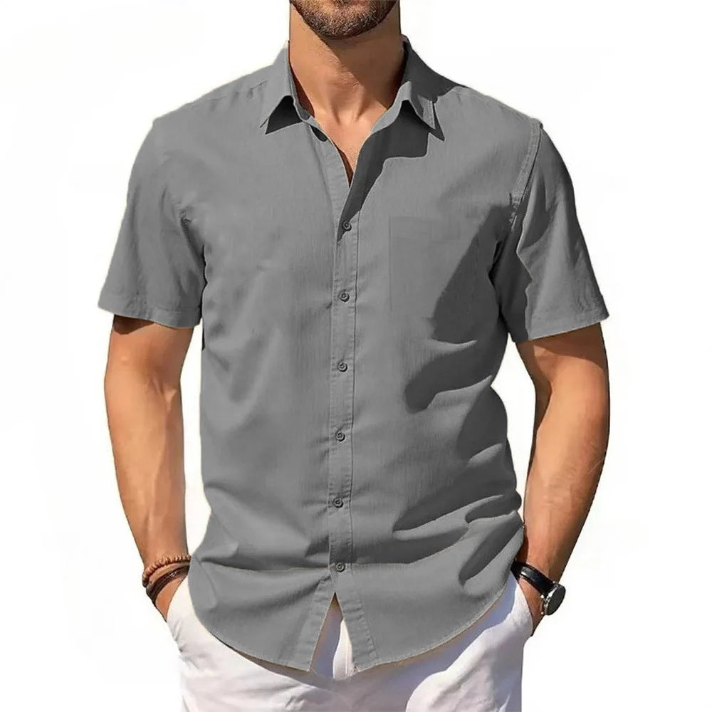 Beige men's cotton linen short sleeve shirt by Craftklart, casual streetwear style, perfect for warm weather and beach outings.