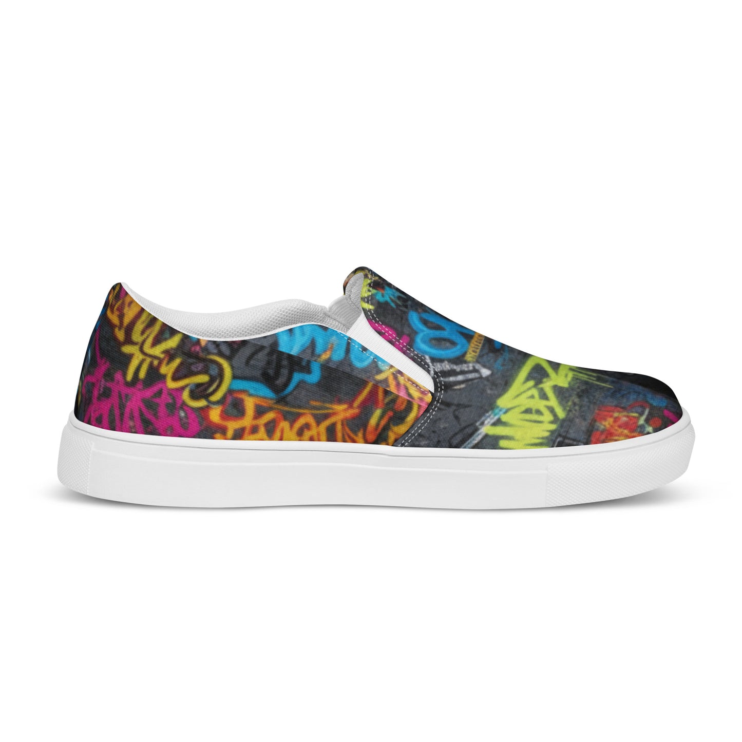 Men’s graffiti slip-on canvas shoes with vibrant street art design from Urban Fashion & Streetwear Craftklart.