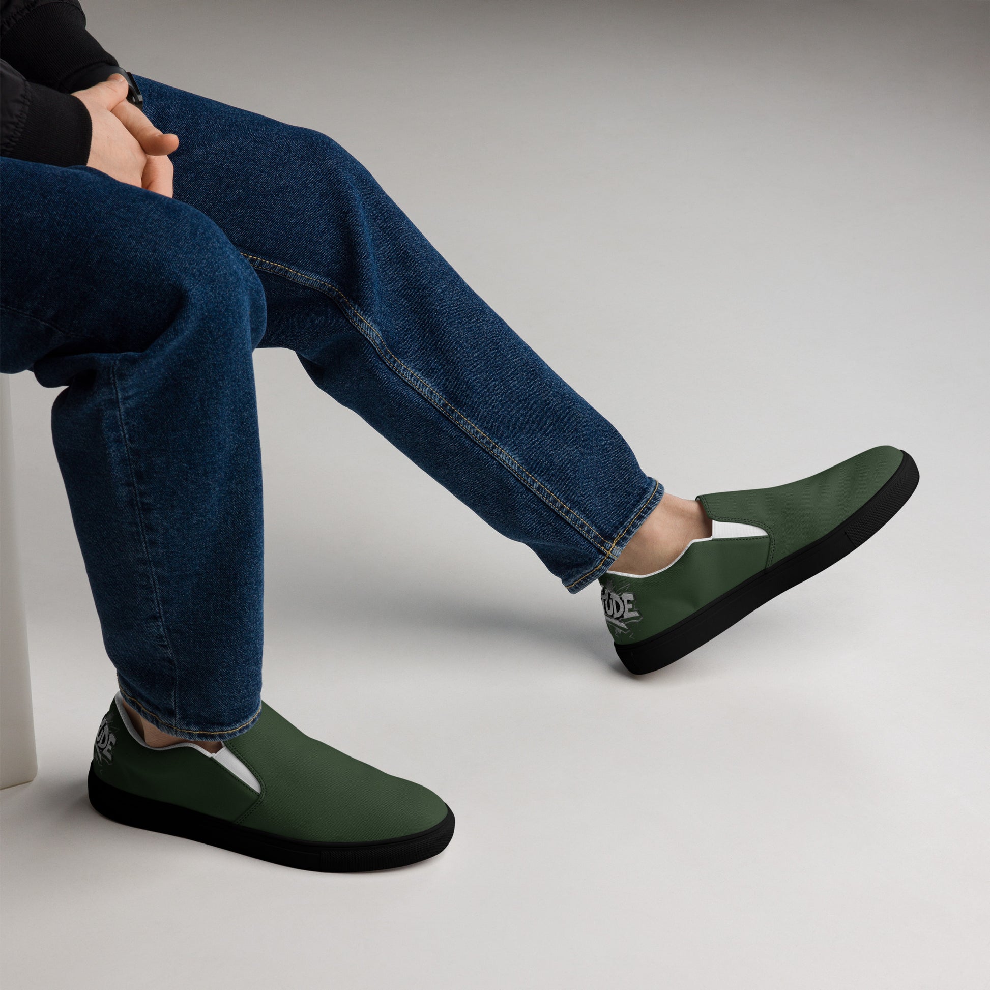 Men’s Urban Moss slip-on canvas shoes with white rubber soles and casual streetwear style, designed for urban fashion.