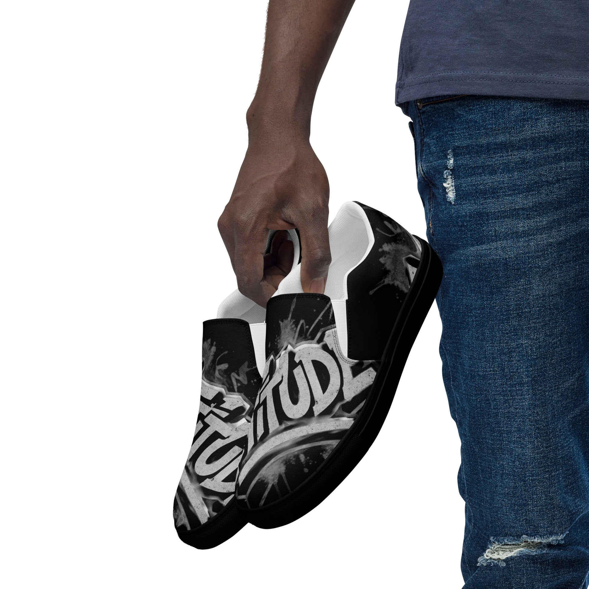 Black Attitude Urban Men’s slip-on canvas shoes featuring a sleek design and casual style, perfect for streetwear fashion.