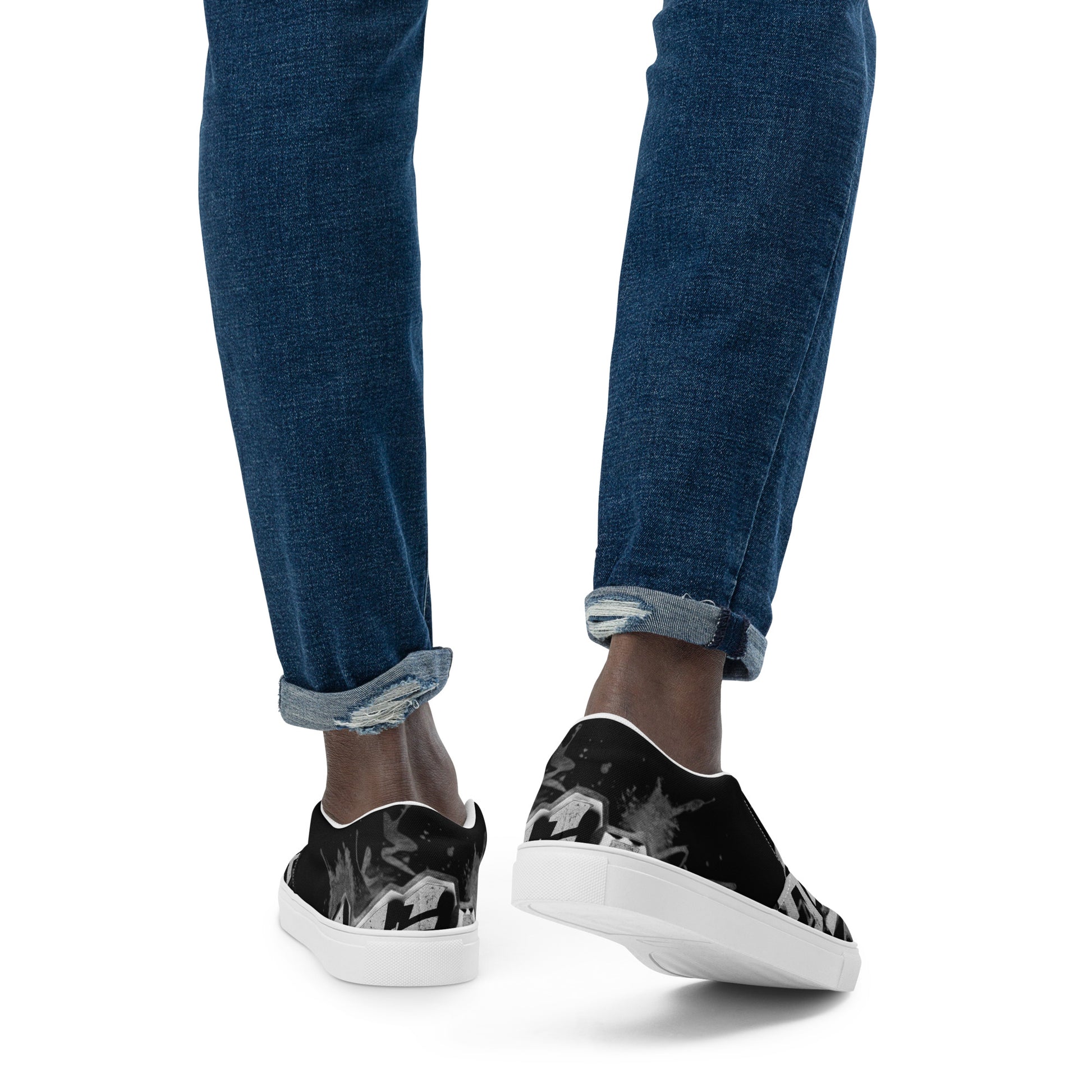 Black Attitude Urban Men’s slip-on canvas shoes with white soles, stylish streetwear footwear by Urban Fashion & Streetwear.