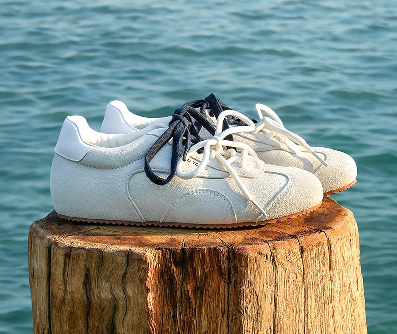 Handmade women's grey cow suede leather ballet sneakers with round toe and thin soles, urban streetwear style.