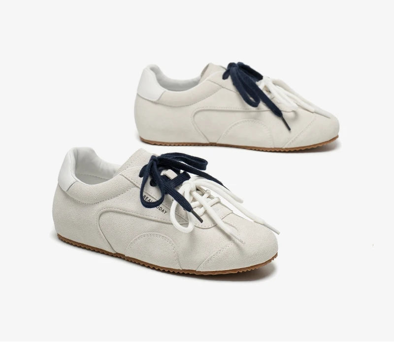 Handmade women’s grey cow suede leather ballet sneakers with round toe and thin soles, stylish urban streetwear footwear.