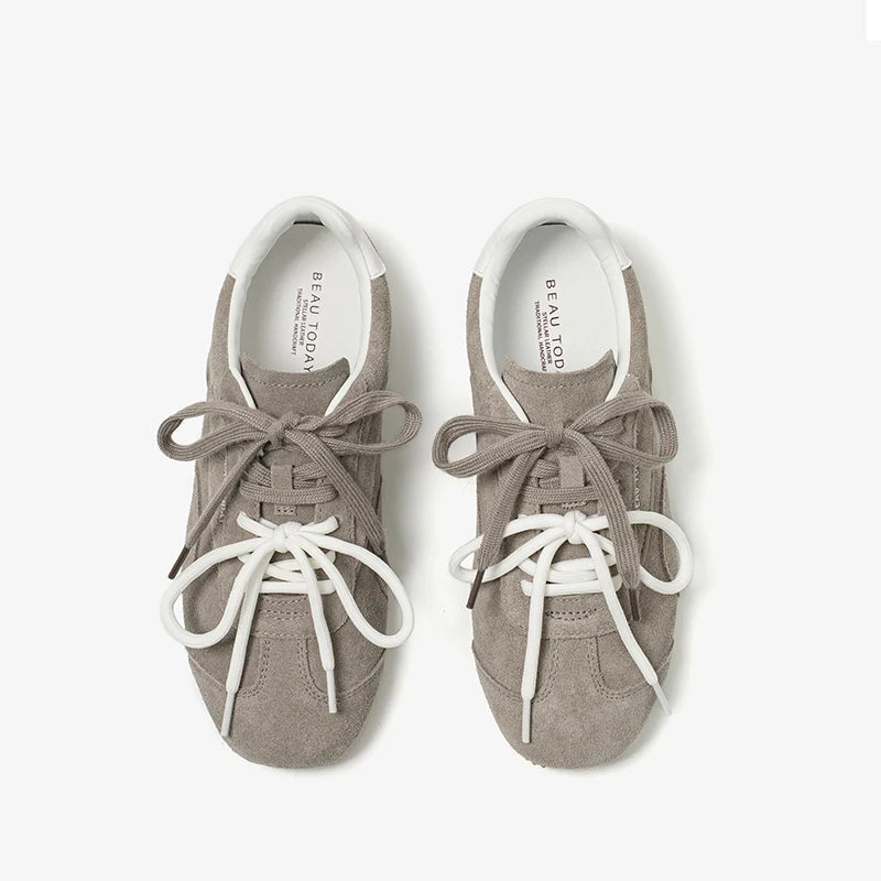 Handmade grey cow suede leather ballet sneakers for women with round toe and thin sole, urban fashion streetwear style.