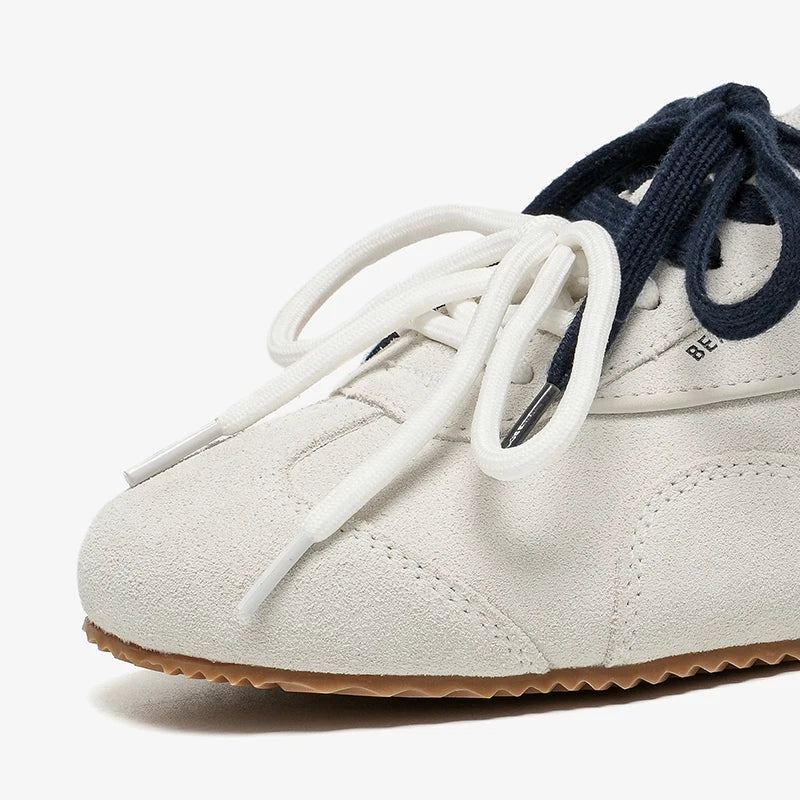 Handmade women's grey cow suede leather ballet sneakers with round toe and thin soles, stylish urban streetwear footwear.