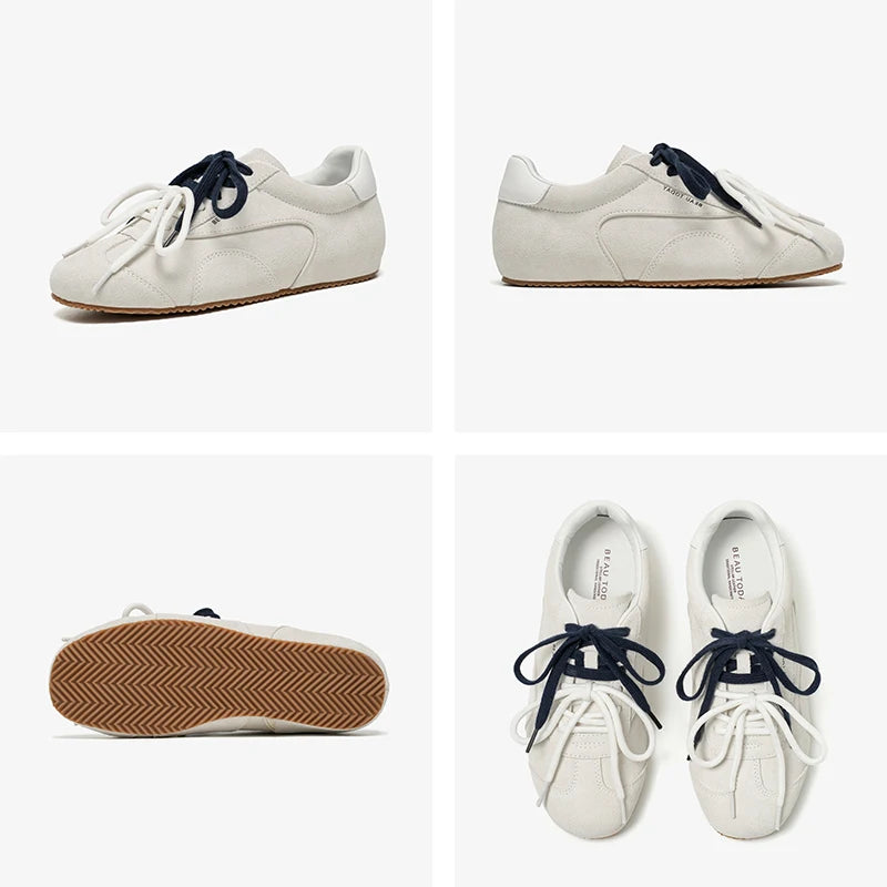 Handmade women's grey cow suede leather ballet sneakers with round toe and thin sole, stylish urban streetwear footwear.