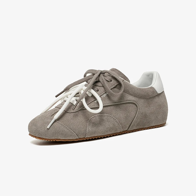 Handmade grey cow suede leather ballet sneakers for women with round toe and thin sole from Urban Fashion & Streetwear.