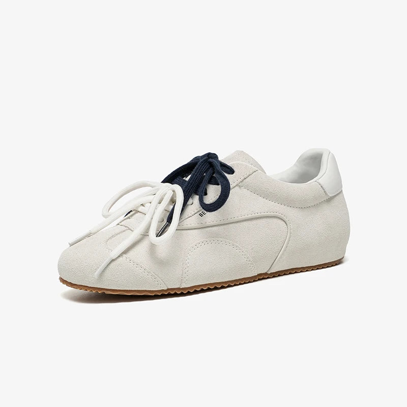Grey handmade women's cow suede leather ballet sneakers with round toe and thin sole, stylish urban streetwear footwear.