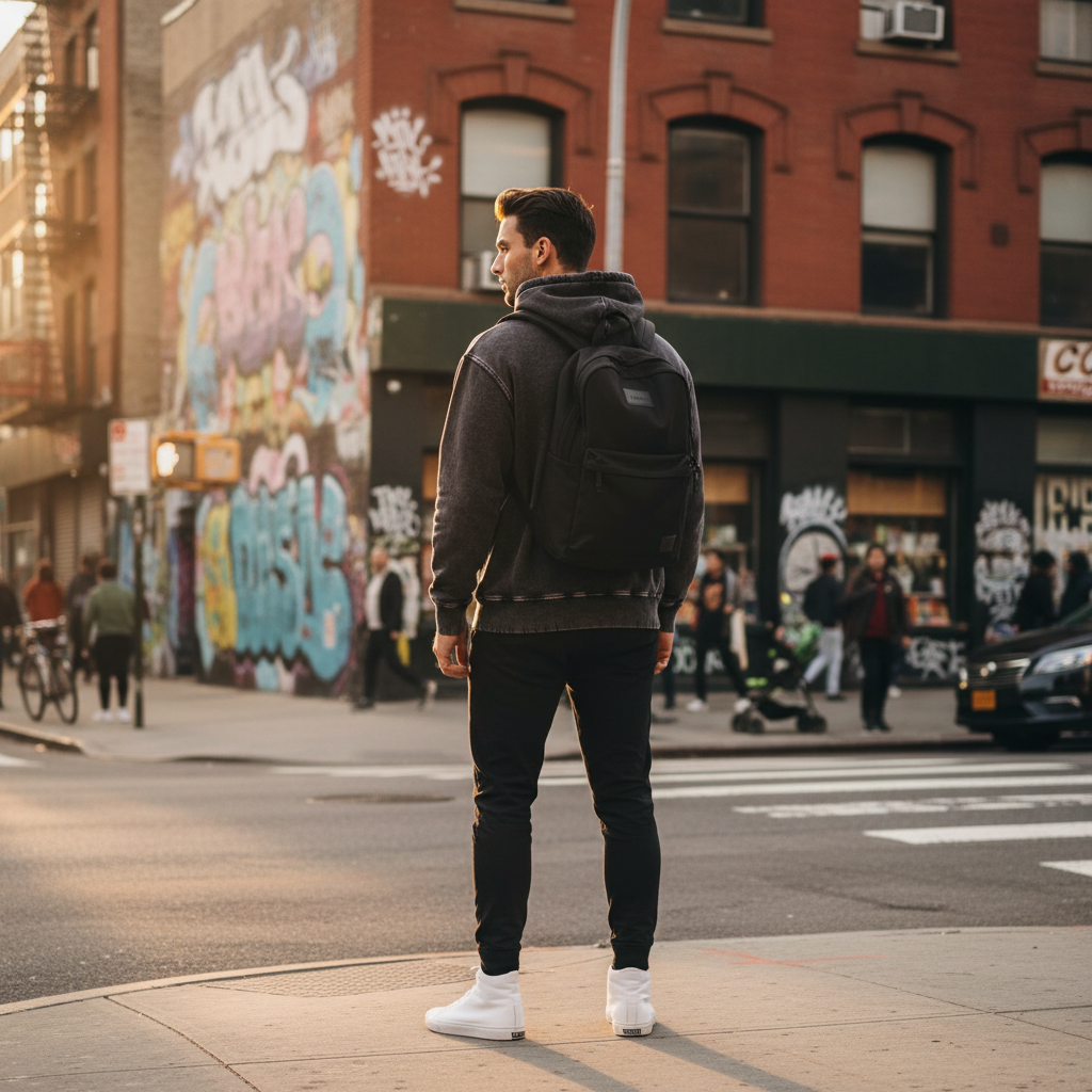 A man wearing an Urban Fashion & Streetwear | Craftklart heavyweight snow wash hoodie with a distressed frayed finish.