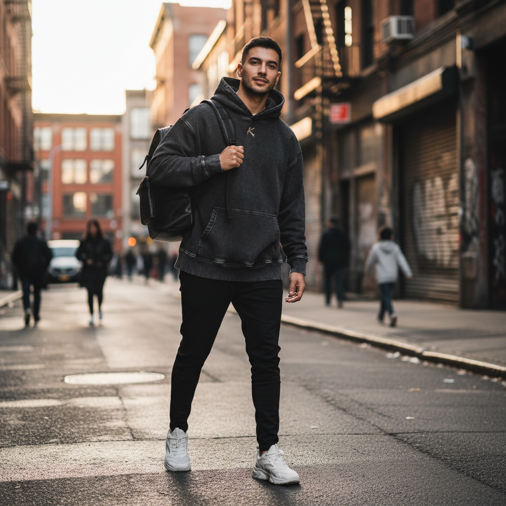 A man wearing an Urban Fashion & Streetwear | Craftklart heavyweight snow wash hoodie with frayed details in a city.
