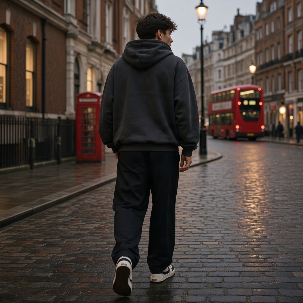 A man wearing Urban Fashion & Streetwear | Craftklart straight-leg sweatpants walking on a cobblestone London street.
