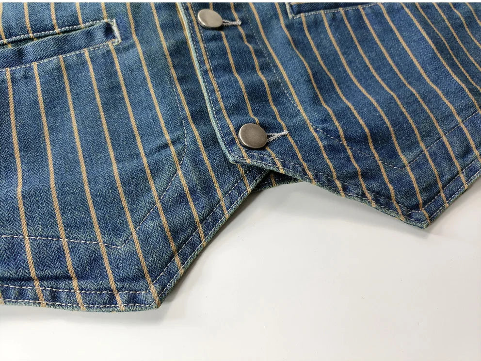 Urban Fashion & Streetwear | Craftklart striped denim cargo vest with metal buttons and washed cotton texture