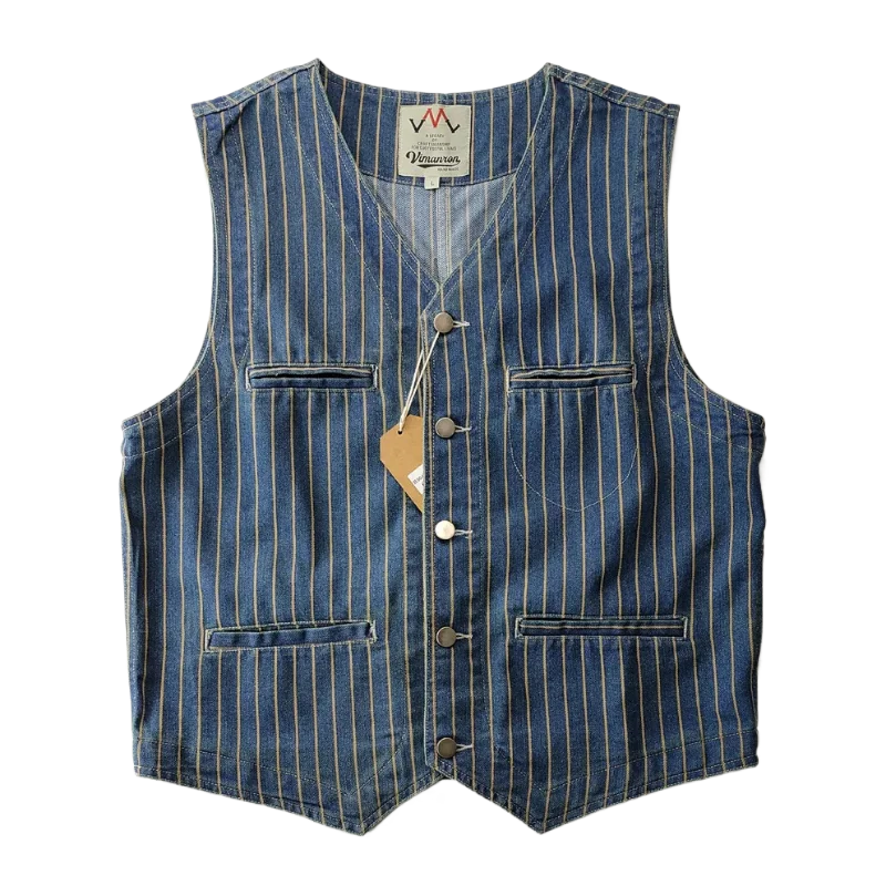 Urban Fashion & Streetwear | Craftklart men's Japanese retro striped denim cargo vest with V-neck and multi-pockets.