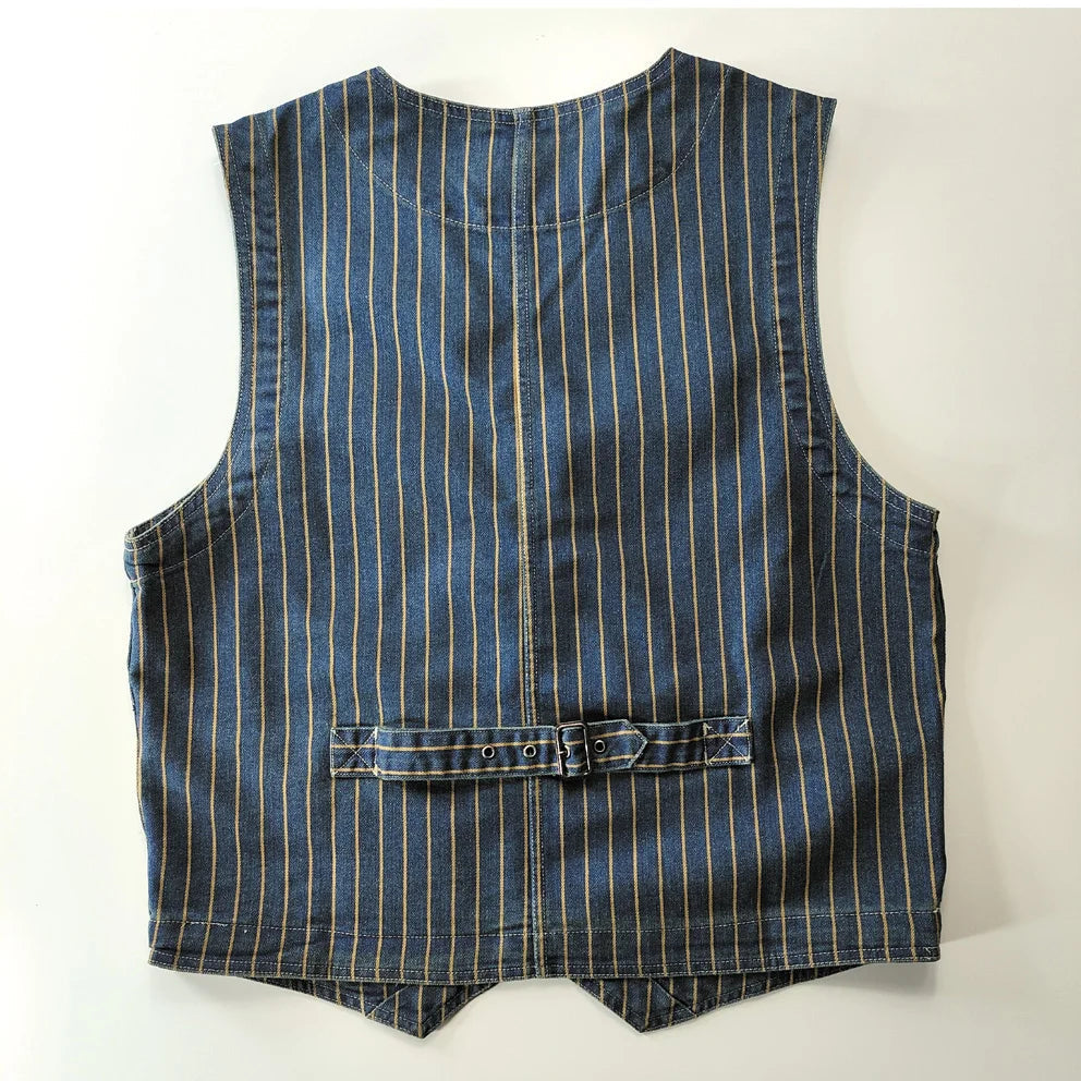 Back view of an Urban Fashion & Streetwear | Craftklart men's striped denim vest with an adjustable back cinch strap.