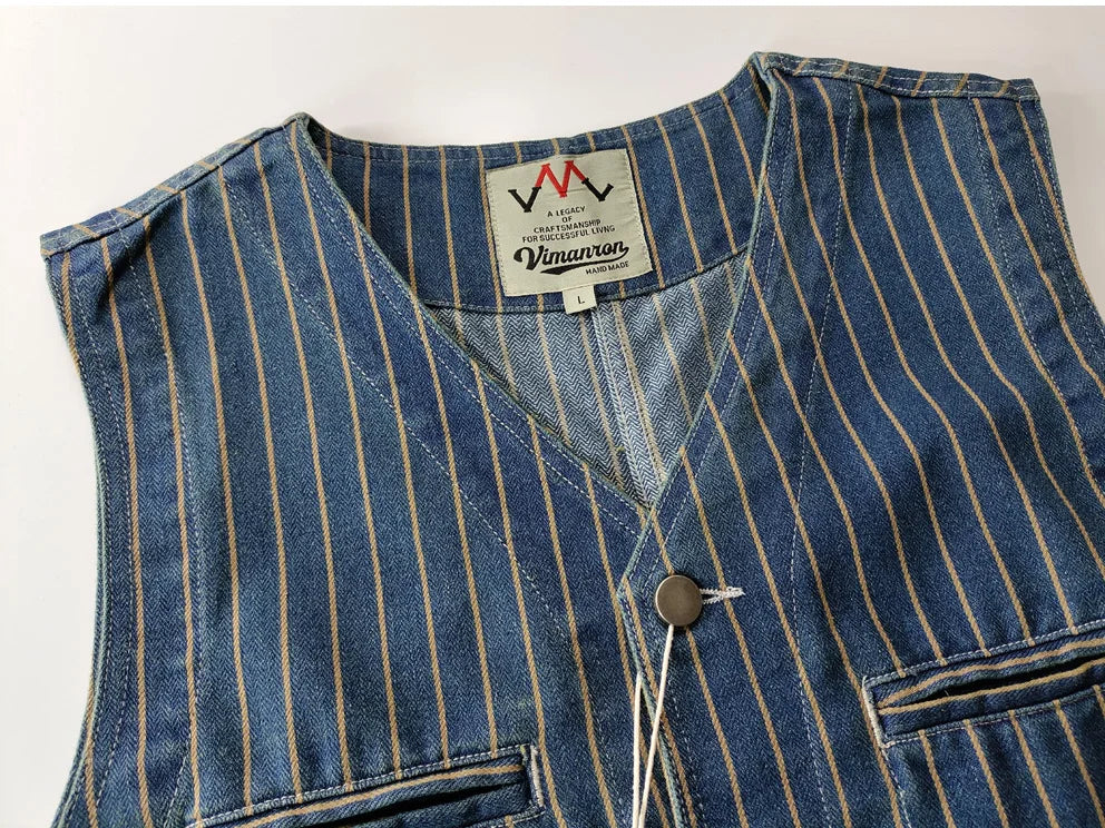 Urban Fashion & Streetwear | Craftklart men's retro V-neck denim cargo vest with blue and yellow vertical stripes
