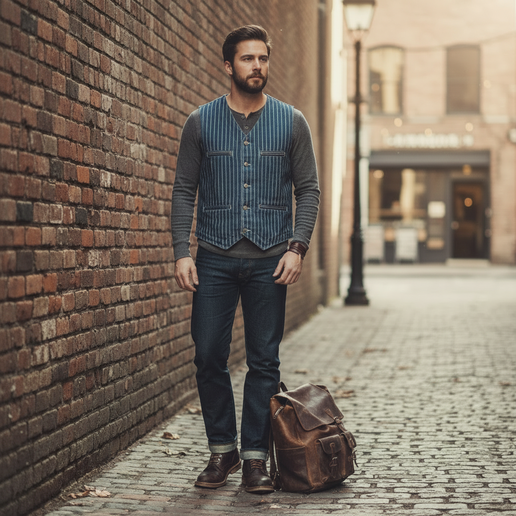 A man wearing an Urban Fashion & Streetwear | Craftklart striped denim cargo vest over a grey long-sleeve shirt.