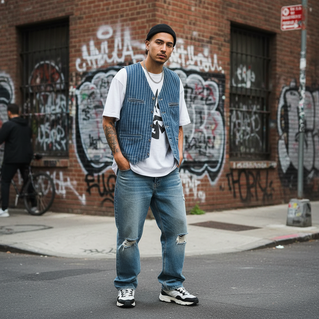 Urban Fashion & Streetwear | Craftklart men's blue striped denim cargo vest with V-neck worn over a white t-shirt.