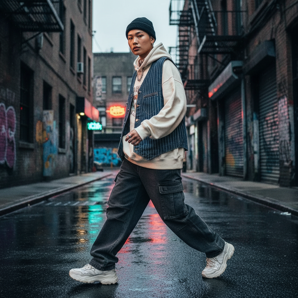 A man wearing an Urban Fashion & Streetwear | Craftklart striped denim cargo vest over a hoodie in a city alley.
