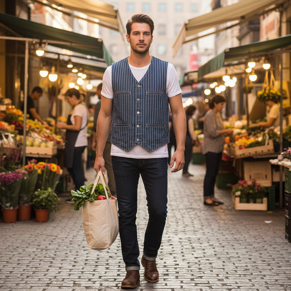 A man wearing an Urban Fashion & Streetwear | Craftklart blue striped cotton cargo vest over a white t-shirt.