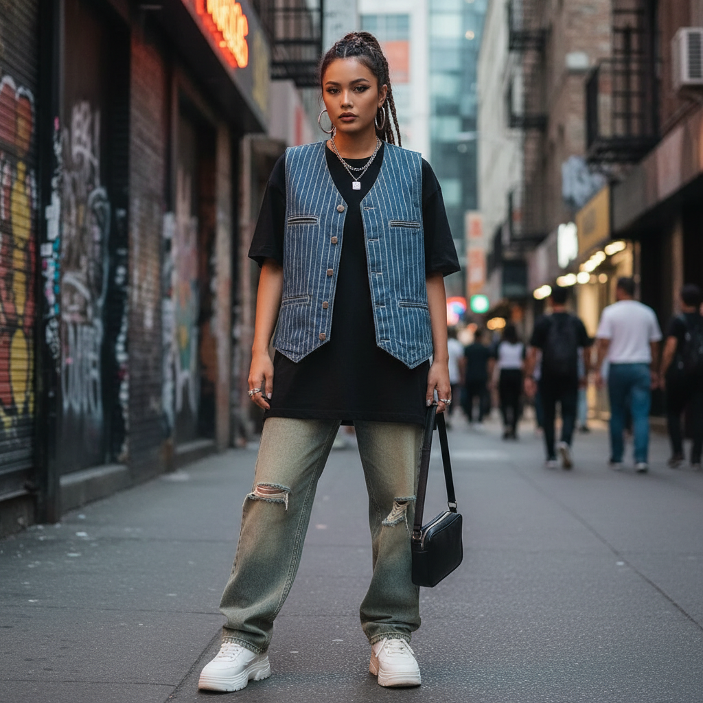 Model wearing an Urban Fashion & Streetwear | Craftklart striped denim cargo vest over a black t-shirt on a city street
