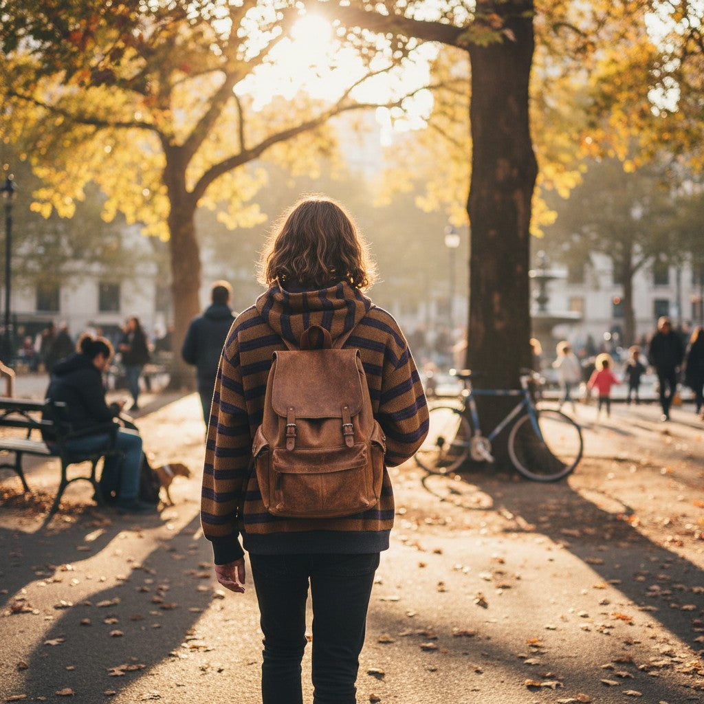 Person wearing an Urban Fashion & Streetwear | Craftklart striped zip hoodie and leather backpack in a sunny park