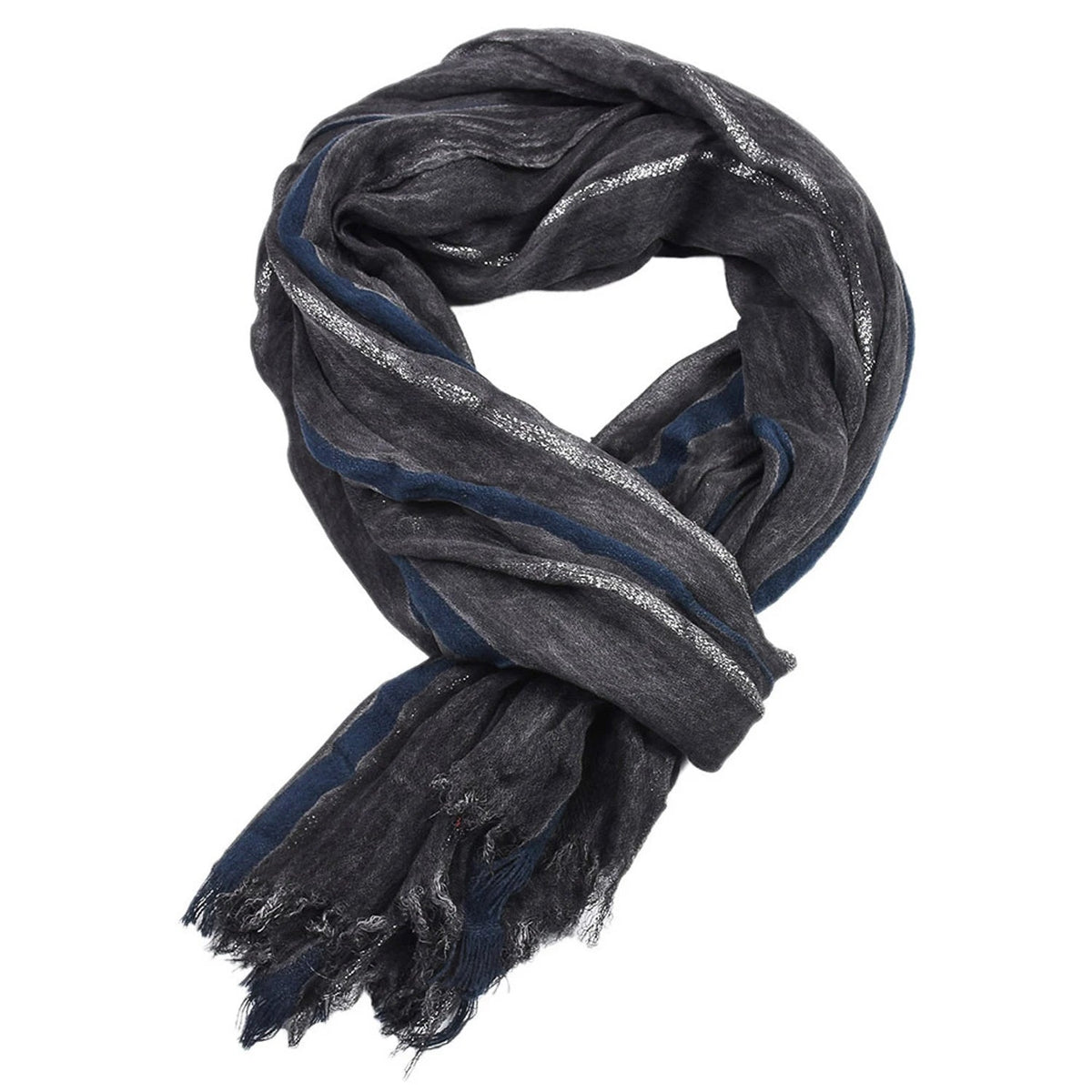 Urban Fashion & Streetwear | Craftklart men's grey and blue striped windproof scarf with frayed tassel edges.