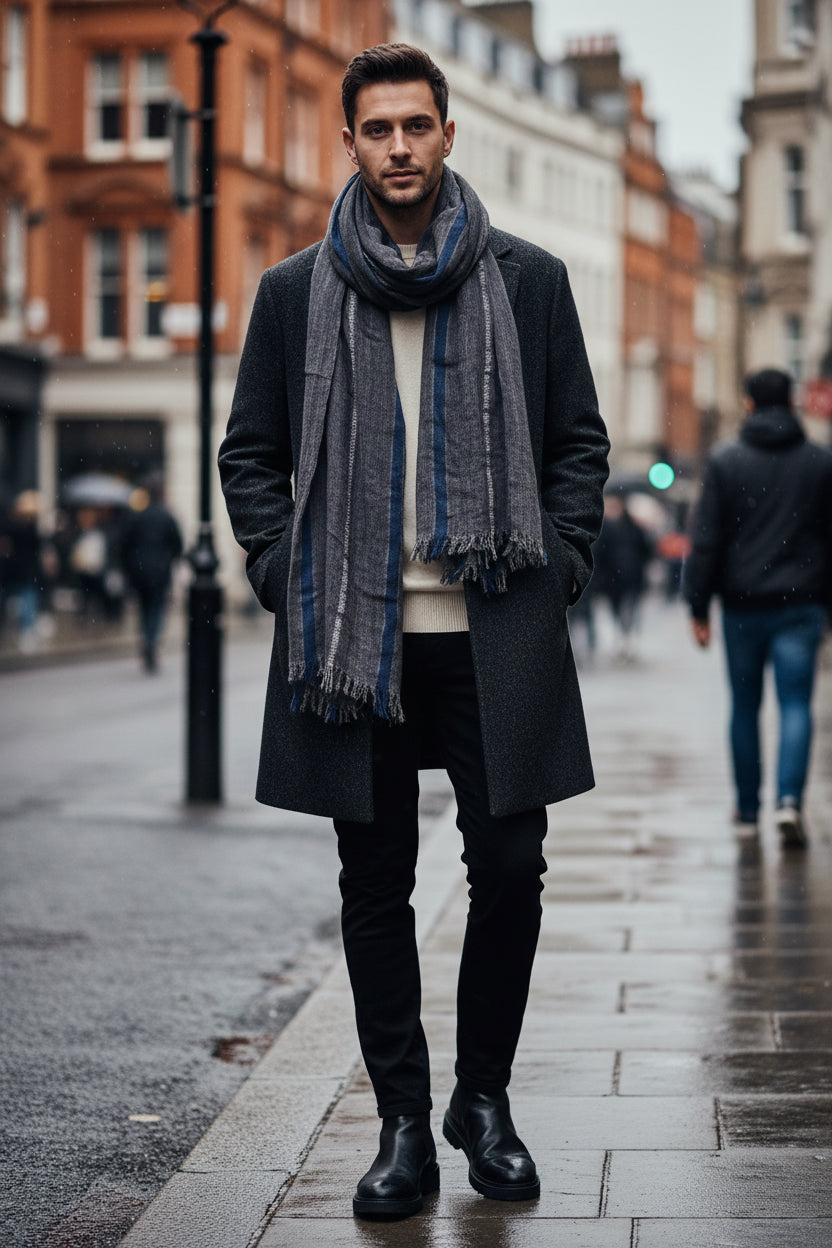 Urban Fashion & Streetwear | Craftklart men's grey striped polyester scarf with tassel edges and windproof design