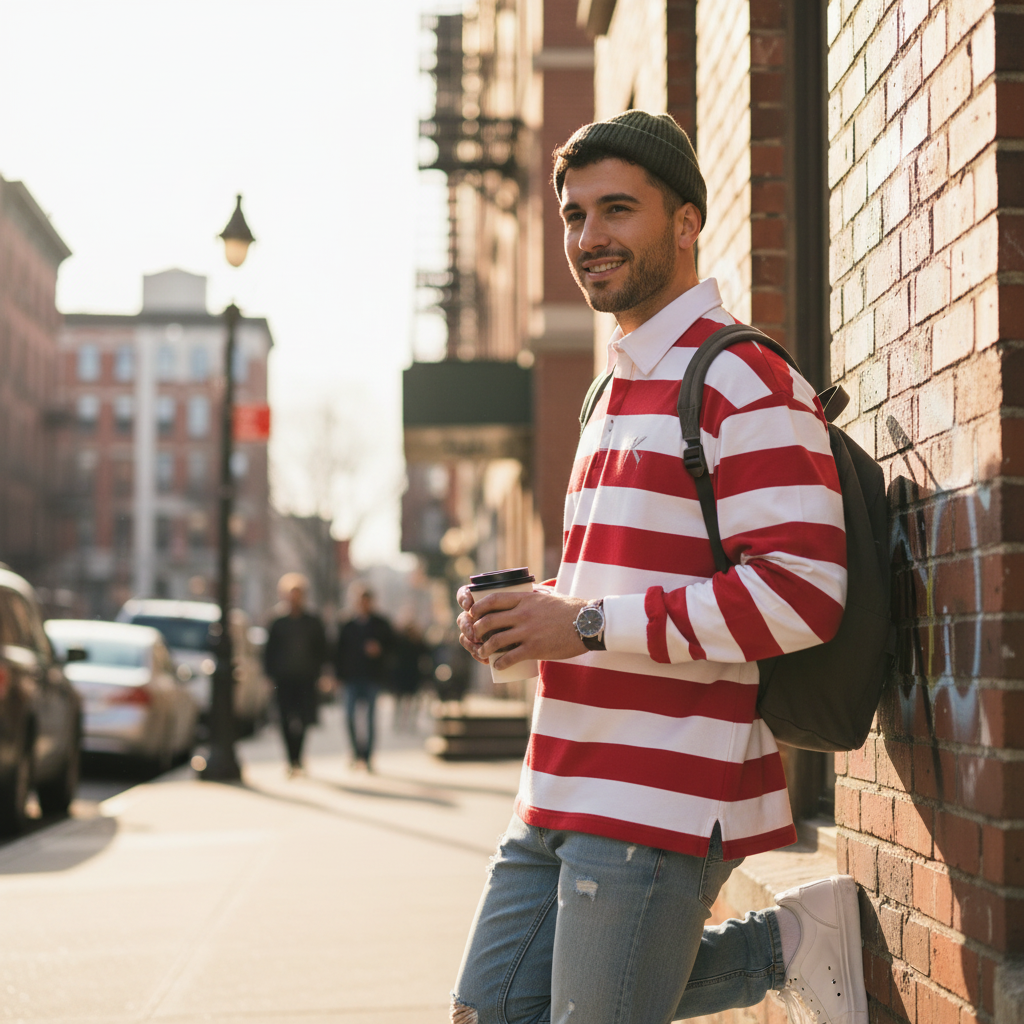 Man wearing Urban Fashion & Streetwear | Craftklart red and white striped cotton rugby shirt with a white collar