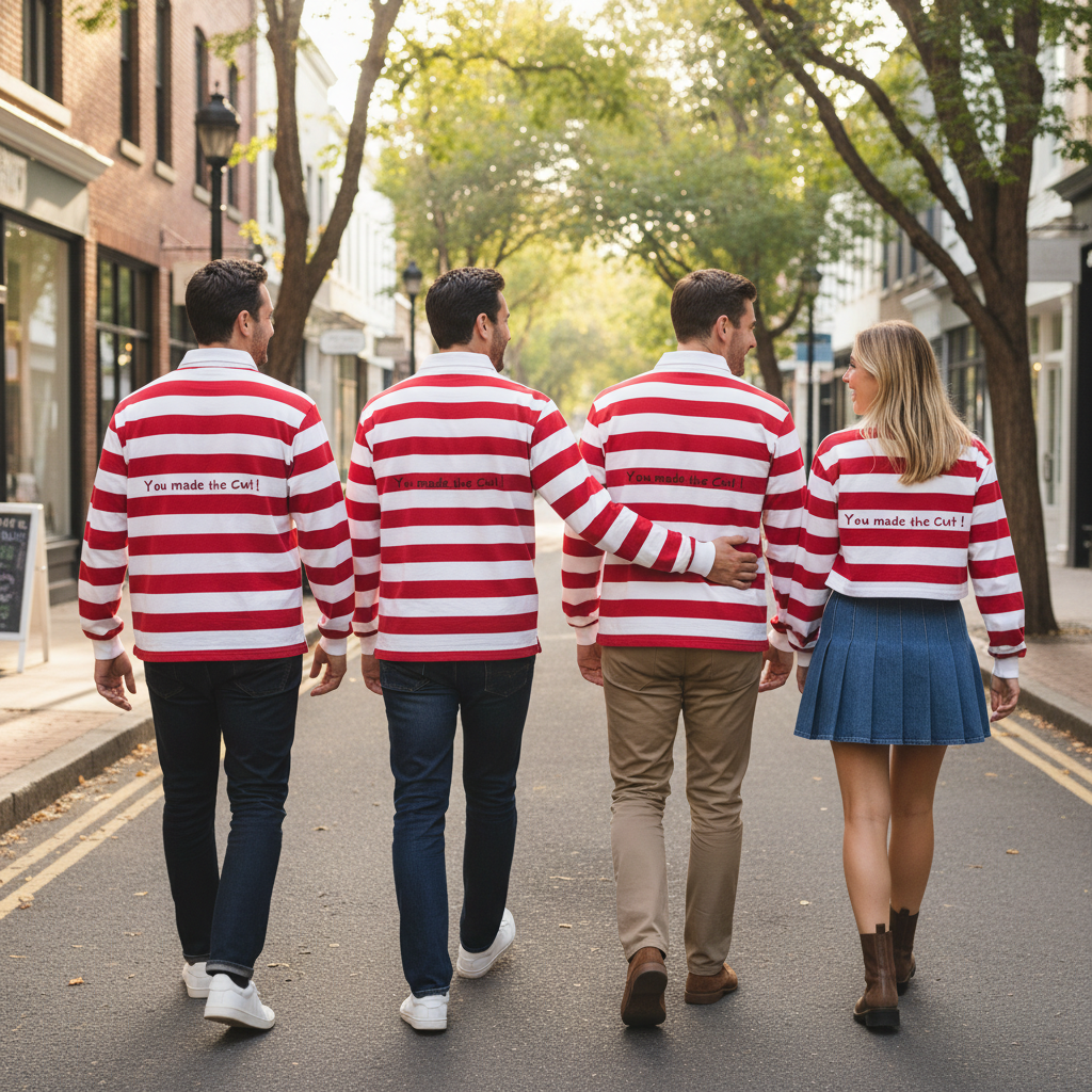 Urban Fashion & Streetwear | Craftklart red and white striped rugby shirts with You made the Cut! back graphic