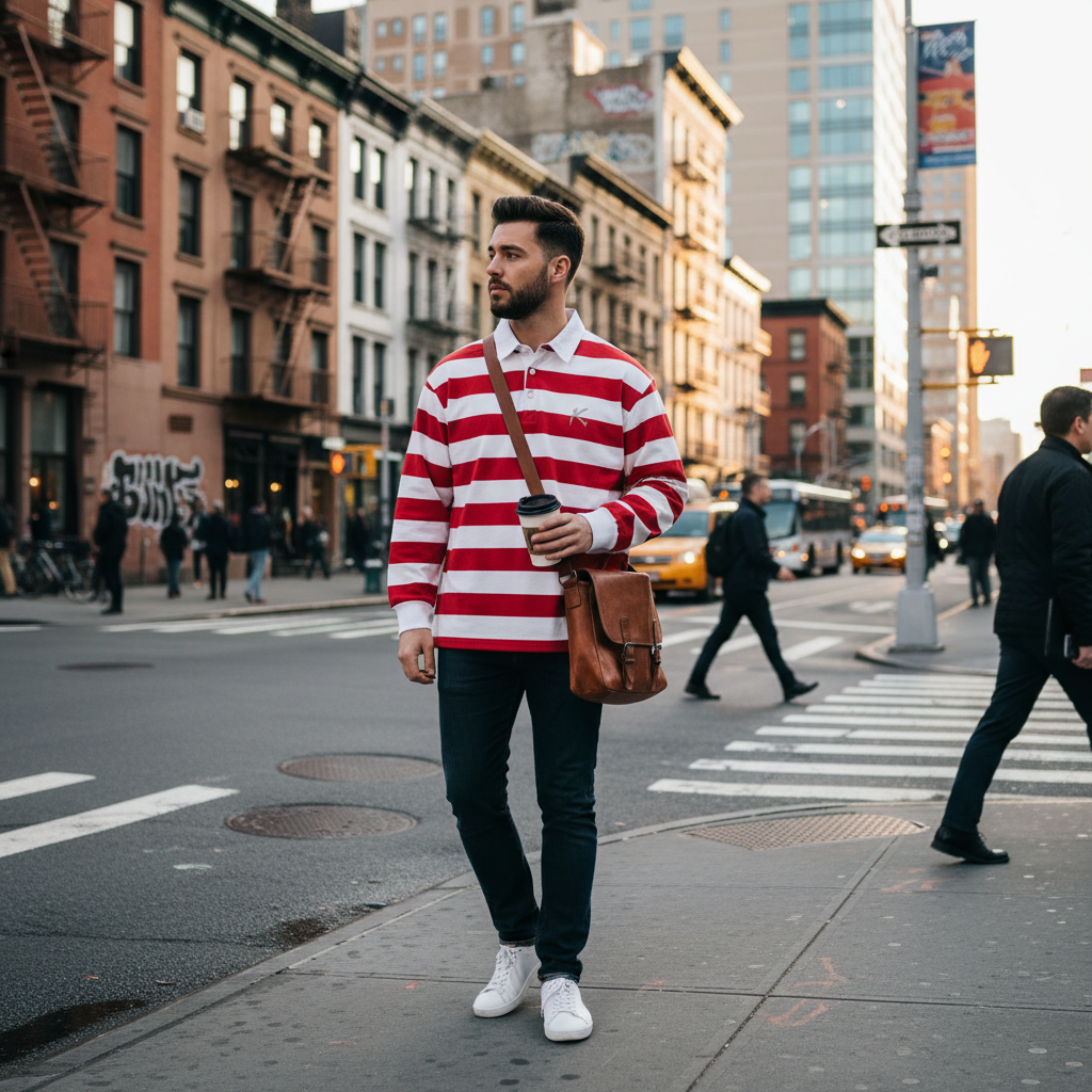 Urban Fashion & Streetwear | Craftklart red and white striped long sleeve rugby shirt with white collar on a man