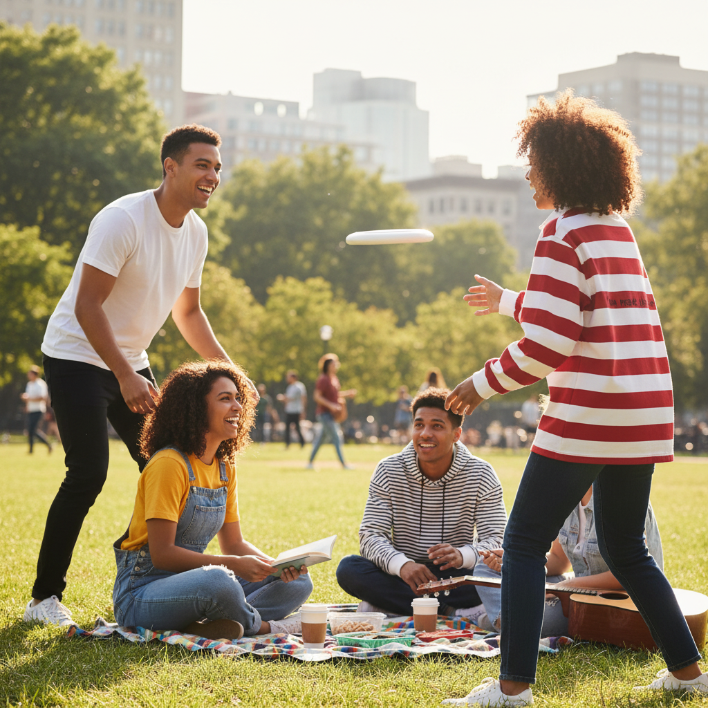 Urban Fashion & Streetwear | Craftklart red and white striped long sleeve rugby shirt worn by a woman in a park