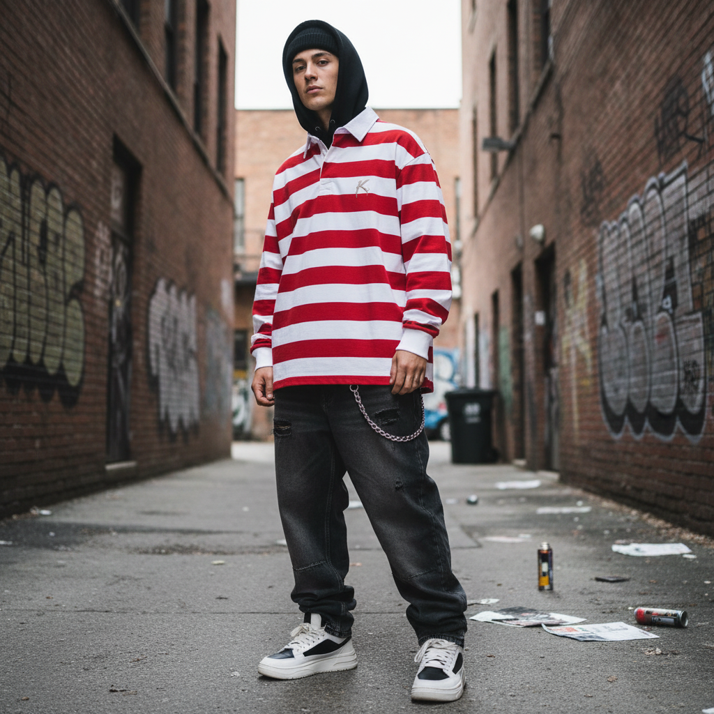 Urban Fashion & Streetwear | Craftklart red and white striped long sleeve rugby shirt with white collar on a model
