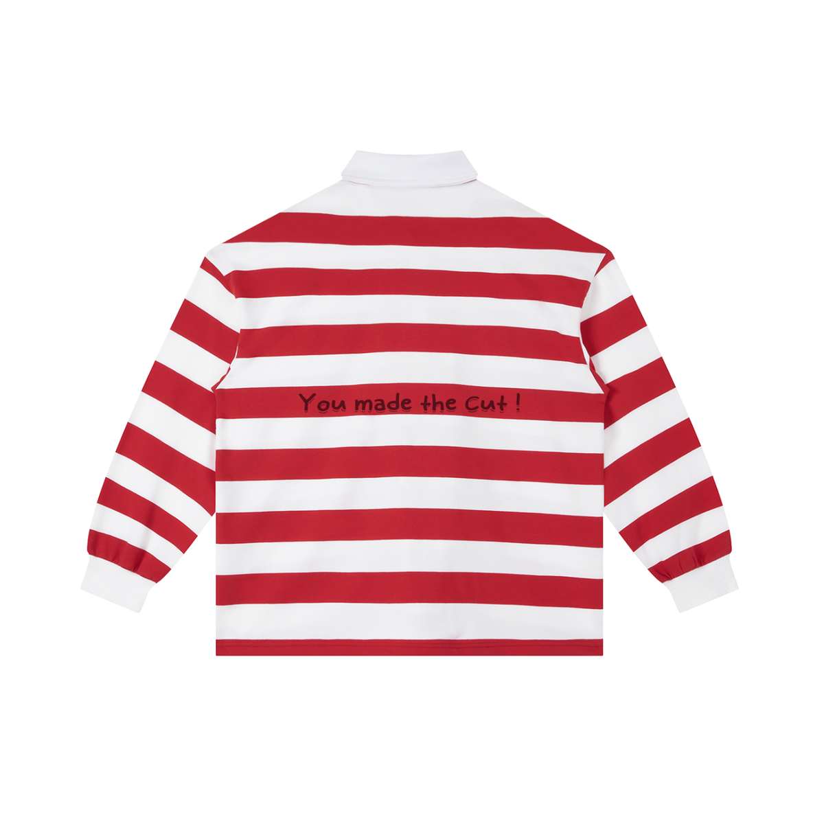 Back view of Urban Fashion & Streetwear | Craftklart red and white striped cotton rugby shirt with graphic text