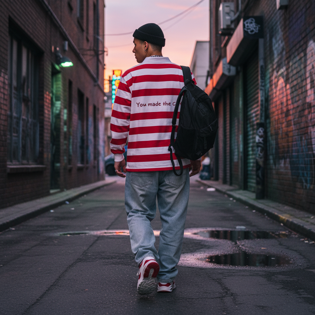 Urban Fashion & Streetwear | Craftklart red and white striped long sleeve rugby shirt with back graphic in city alley