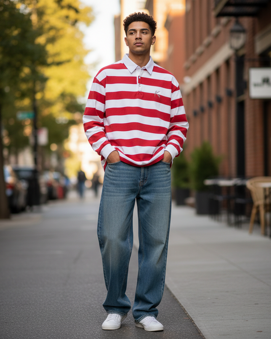 Urban Fashion & Streetwear | Craftklart red and white striped long sleeve rugby shirt with white collar on a model