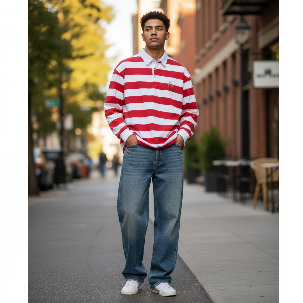 Urban Fashion & Streetwear | Craftklart red and white striped long sleeve rugby shirt with white collar on a model