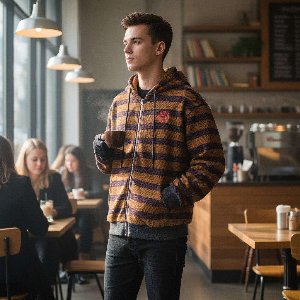 Urban Fashion & Streetwear | Craftklart striped full zip hoodie in earthy tones worn by a man in a coffee shop