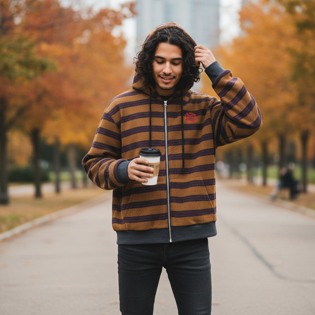 Urban Fashion & Streetwear | Craftklart striped full zip hoodie with drawstring in earthy tones worn by a man outdoors