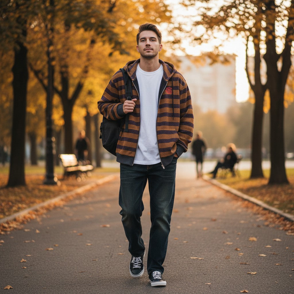 Urban Fashion & Streetwear | Craftklart striped full zip hoodie worn by a man walking in an autumn park.