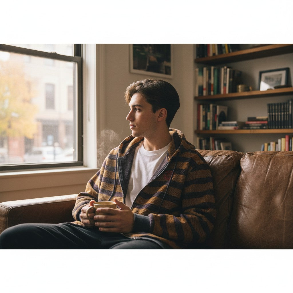 Young man wearing an Urban Fashion & Streetwear | Craftklart striped full zip hoodie while holding a warm mug